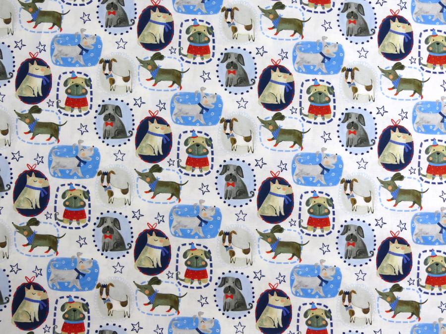 Preview: Patchworkstoff mit verschiedenen Hunden und Zicklein